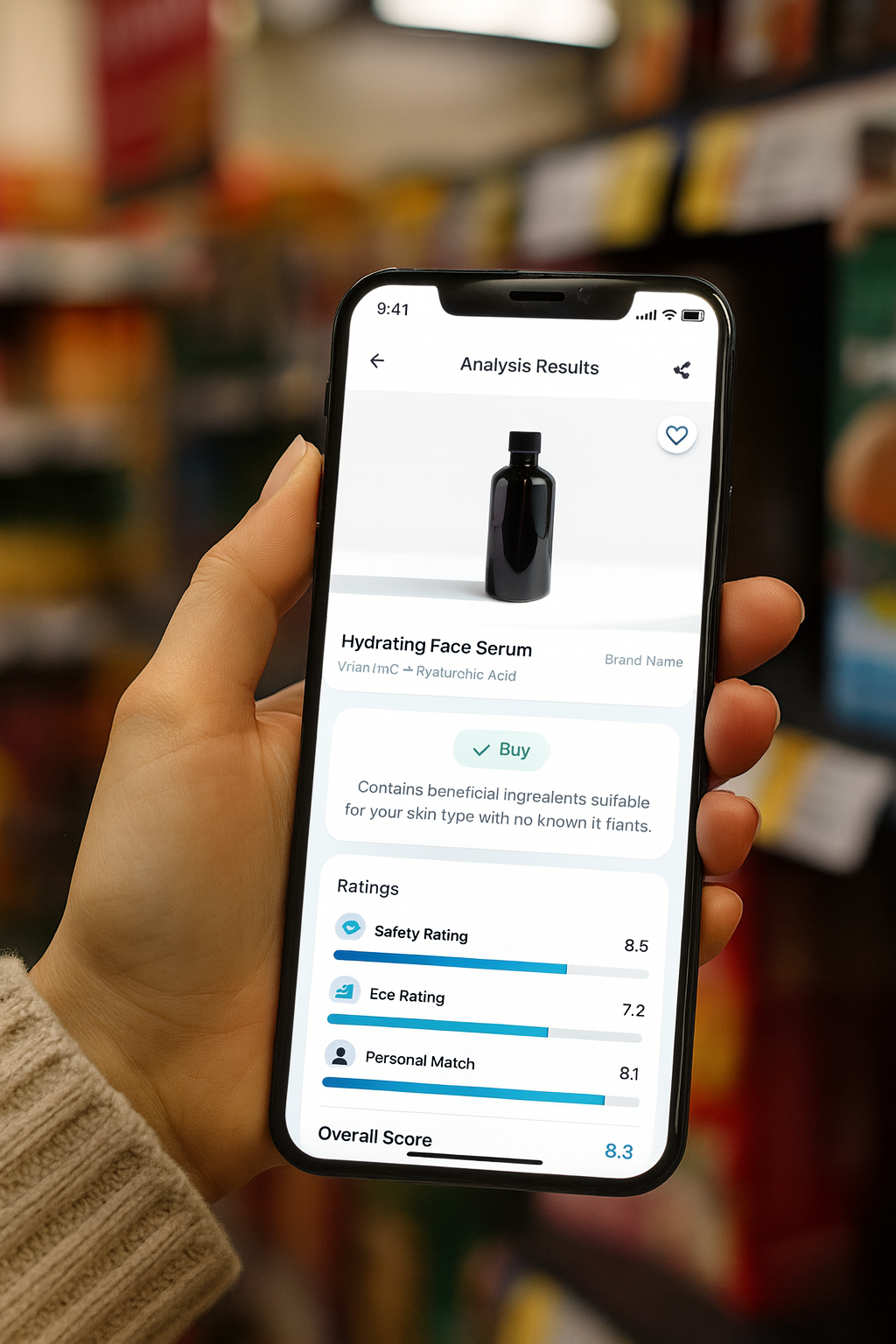 modern smartphone mockup showing Lumina app interface with clean blue UI, scanning cosmetic product with AI analysis results