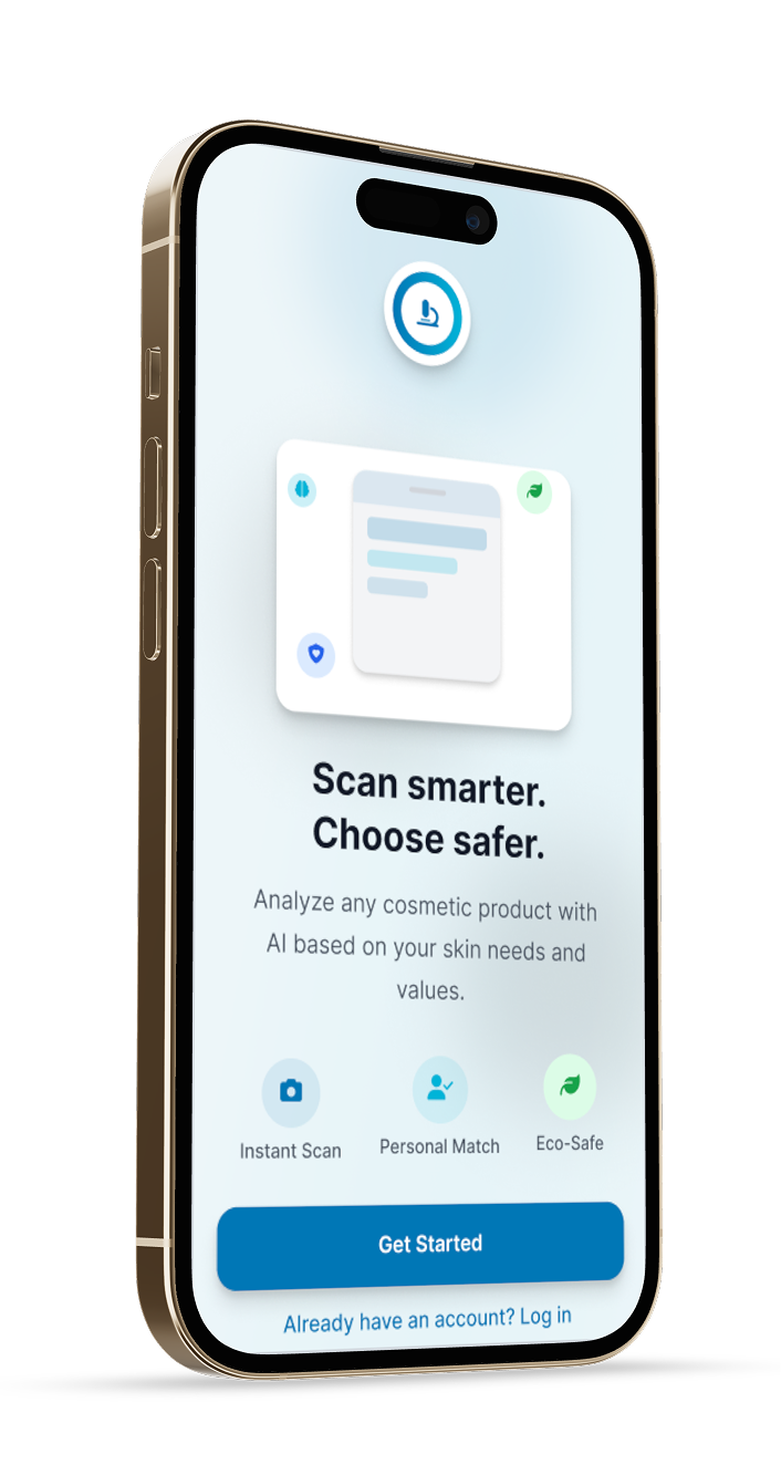 Lumina app interface showing ingredient analysis screen with color-coded safety ratings, clean blue and white UI design